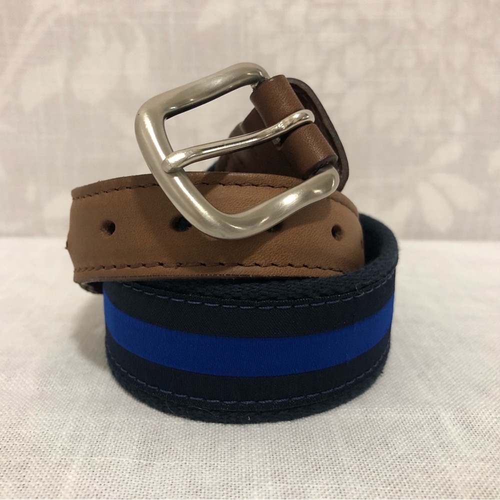 Mens The Belted Cow Navy Blue Striped Ribbon Preppy Belt Size 38